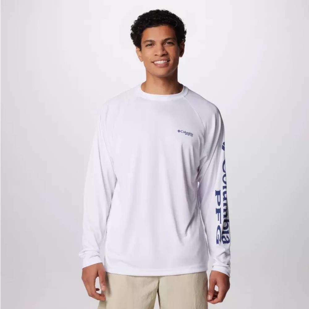 Columbia White Long-Sleeve Logo Performance Shirt with Navy Print